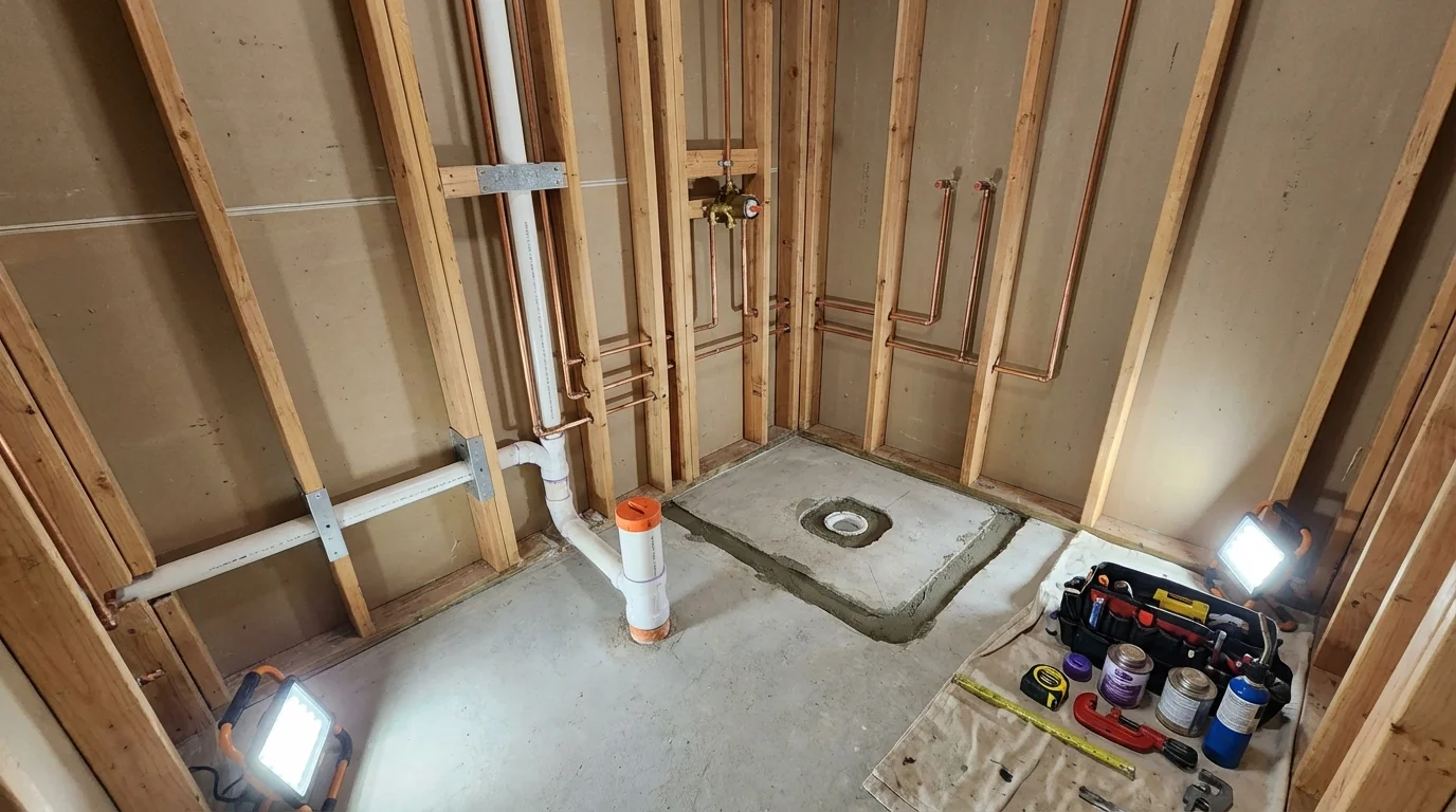 Bathroom rough-in plumbing during remodel by Johns Plumbing LLC in Loretto