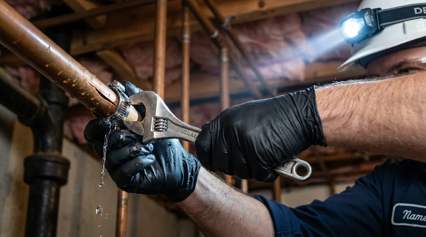 Emergency pipe clamp repair being performed by a Johns Plumbing LLC plumber in Loretto