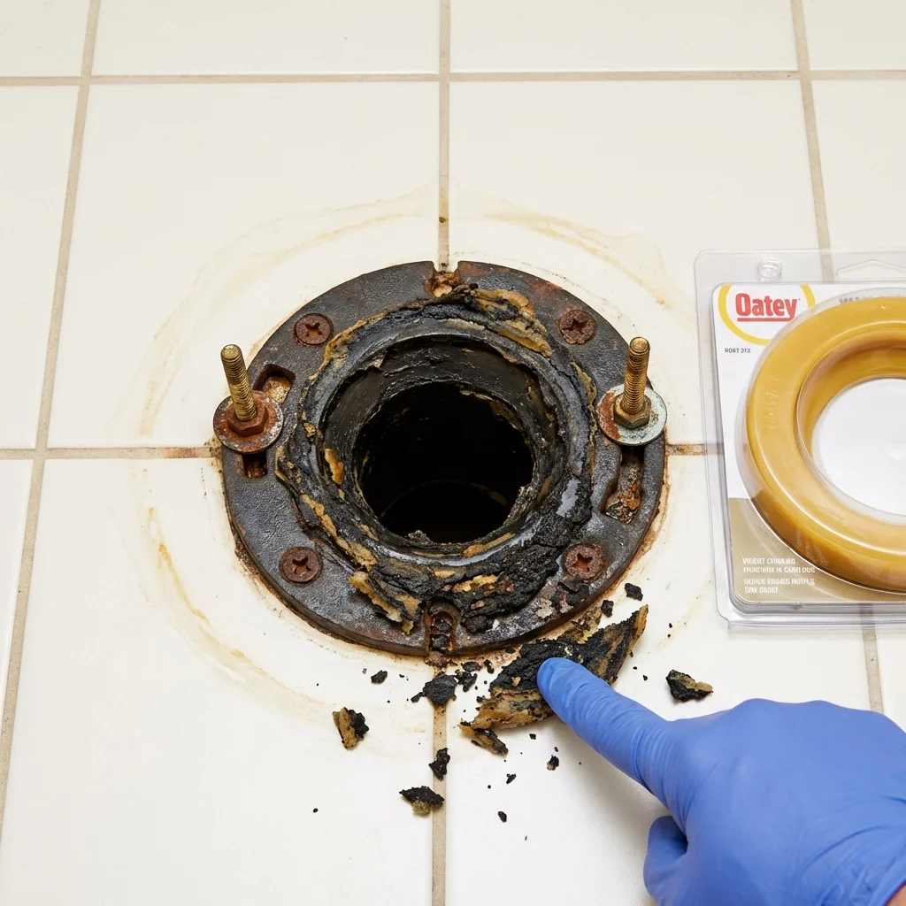 Failed wax ring showing water seepage at the base of a toilet in a Loretto, TN home