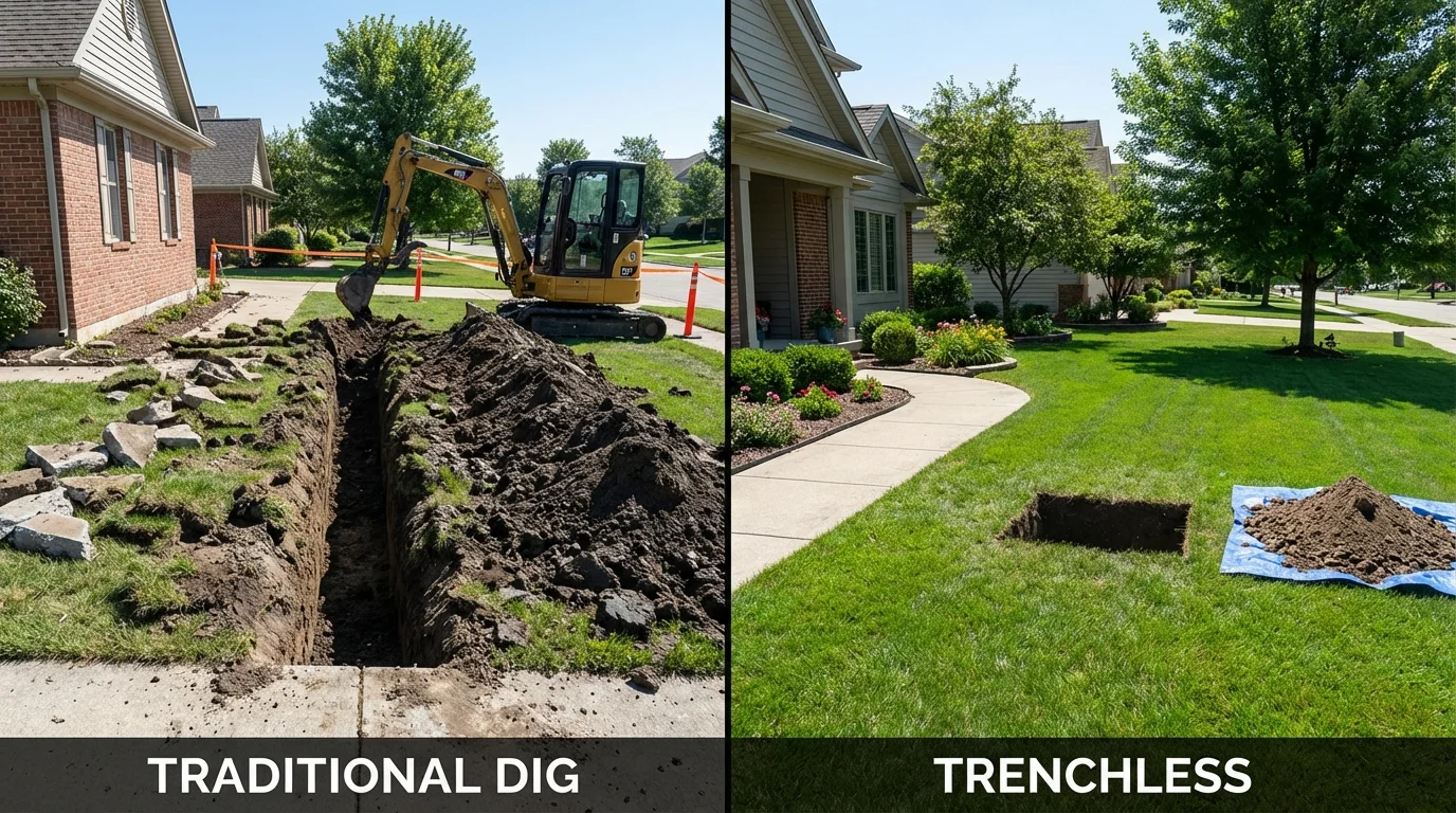 Trenchless sewer repair with minimal yard damage versus traditional excavation in Loretto, TN