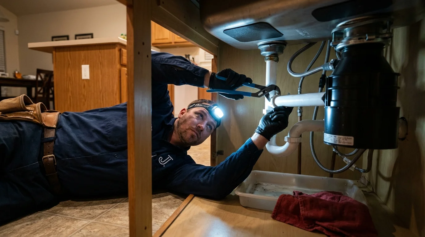 P-trap and supply line connections under a kitchen sink showing a common leak point in Loretto, TN